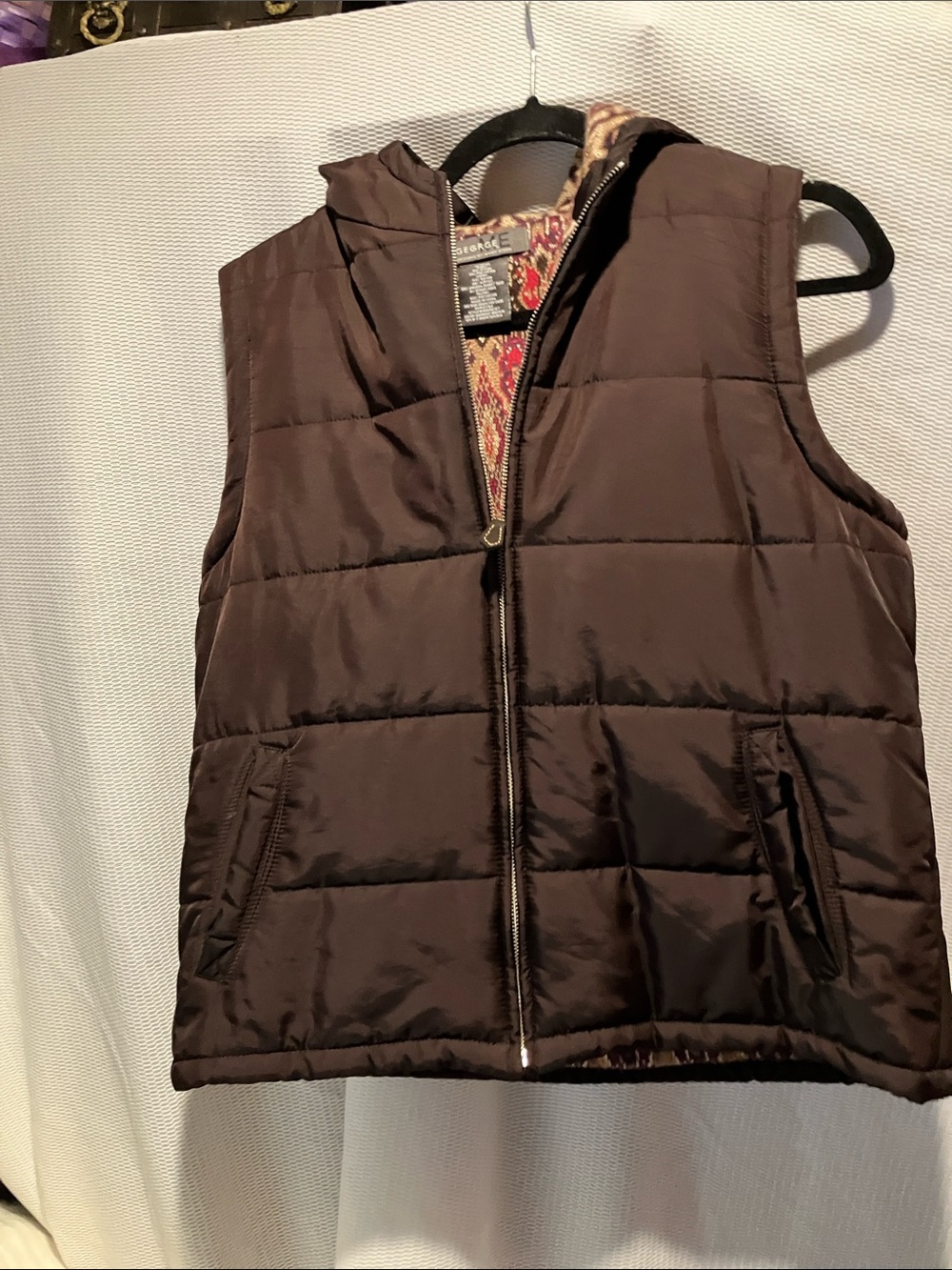George Quilted Hooded Vest in Dark Brown with Patterned Lining
